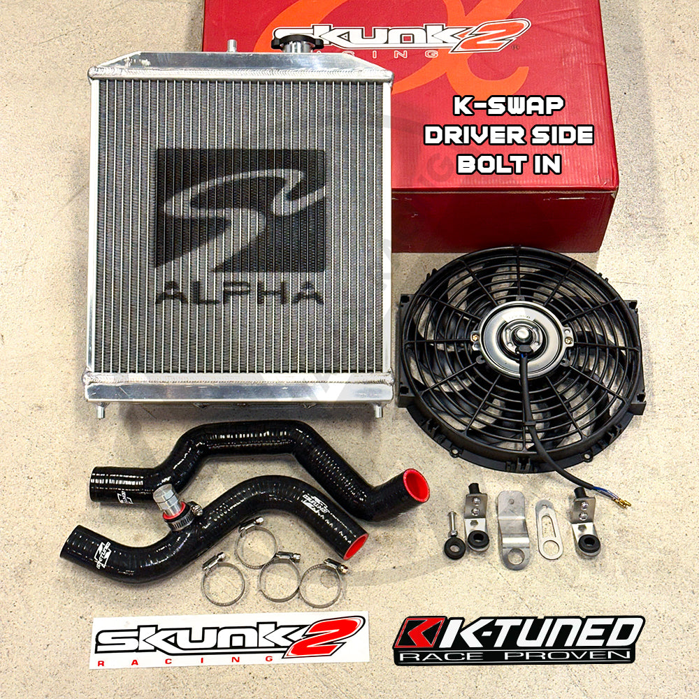 Skunk2 Pro Driver Side Alpha Radiator Kit w/ K-TUNED Radiator Hoses For Honda Civic Acura Integra K Swap